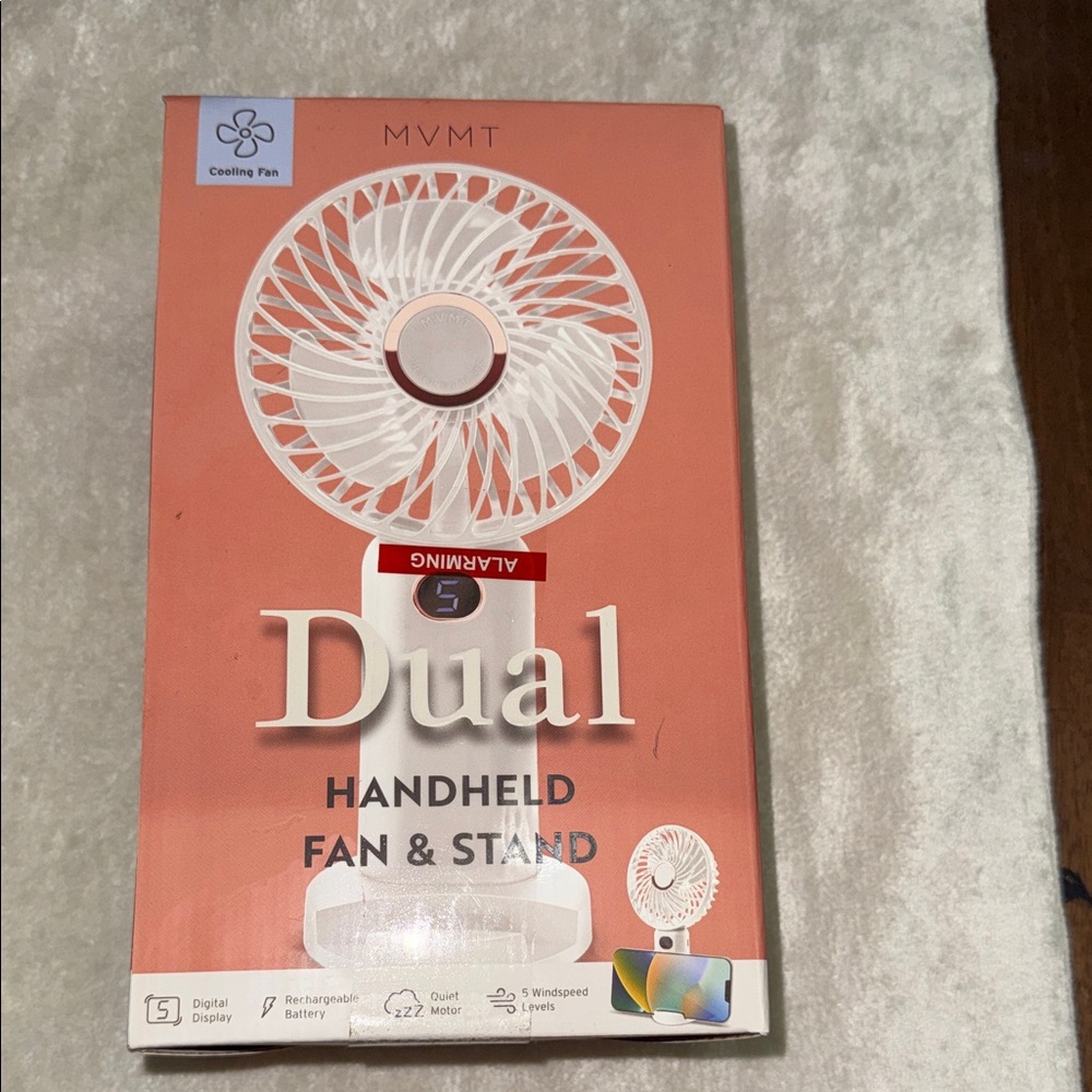 MVMT Coral and White Dual Handheld Fan with Stand